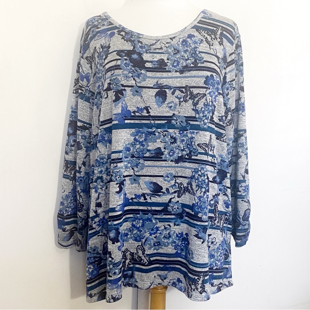 I. B. Diffusion Blue and Gray Floral Butterfly Women's Soft Knit Sweater Top 2X